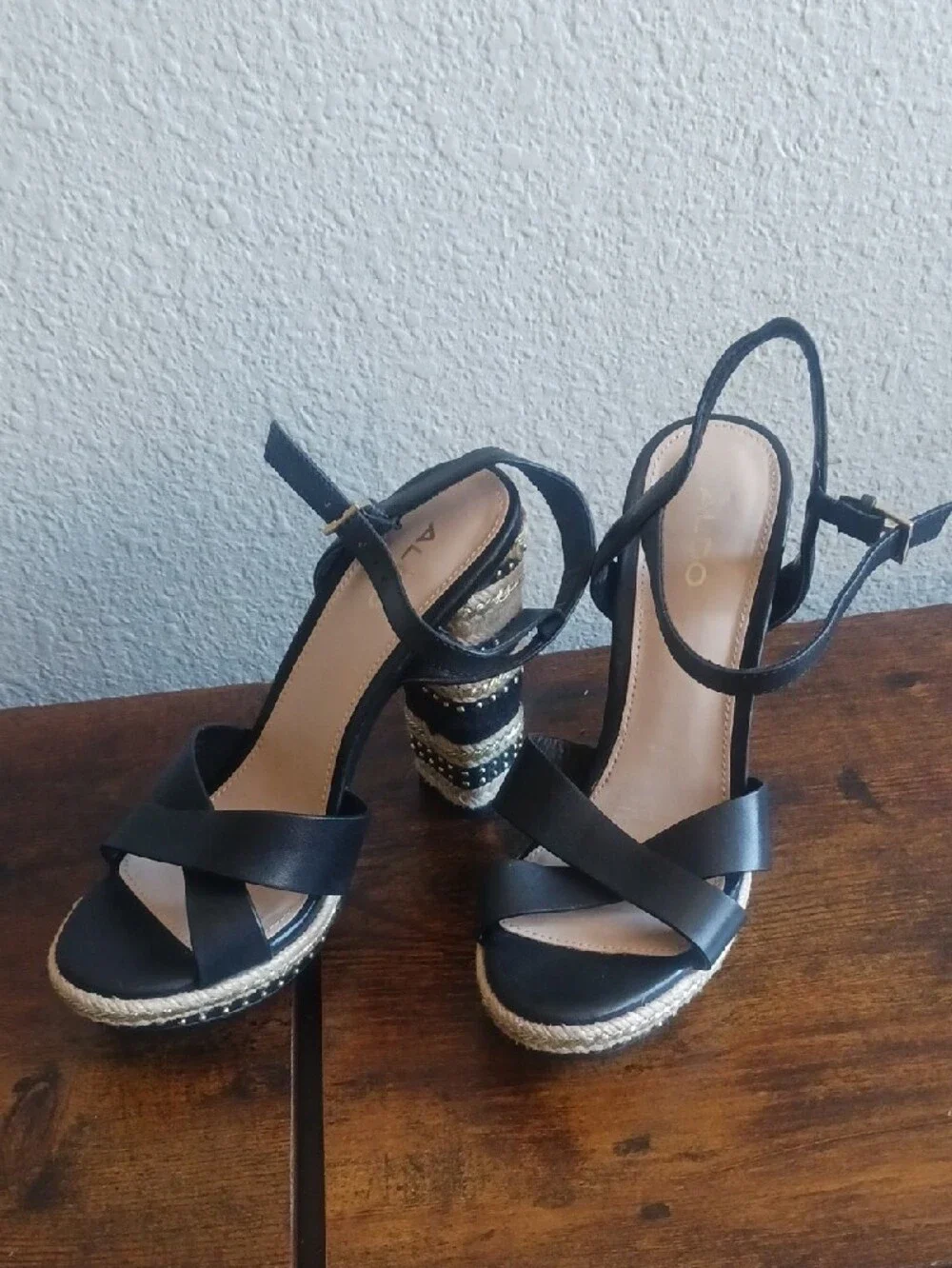 Aldo Black Cross-Strap Wedge Sandals